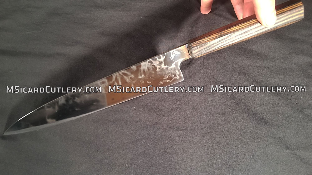 Custom Order 245mm Sabatier Style Gyuto Kitchen Knife from 26c3 (Spicy White) Carbon Steel With Whispy Ashi Hamon by MSicard Cutlery.